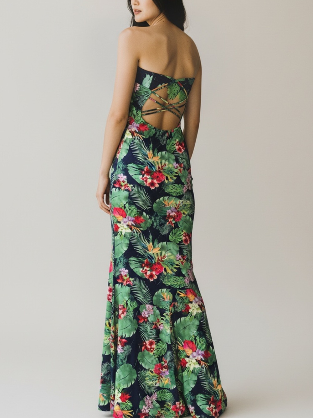 Fashion Nova Navy Floral Backless Maxi Dress with Green & Pink Print